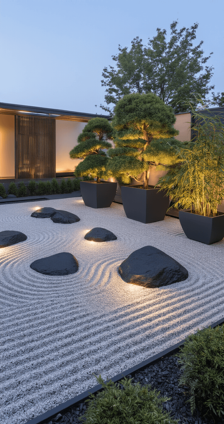 Front House Landscaping: Transforming Your Home's First Impression A serene dusk view of a minimalist zen garden featuring black river rocks on pale gravel, three cloud-pruned Japanese maples, and charcoal gray planters with bamboo, highlighted by uplighting casting elegant shadows.