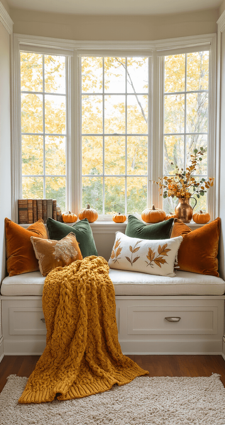 A cozy reading nook featuring built-in window seats with cream cushions and colorful pillows, a chunky mustard yellow throw, and a window sill adorned with mini pumpkins and vintage books, all illuminated by soft afternoon light through sheer curtains.