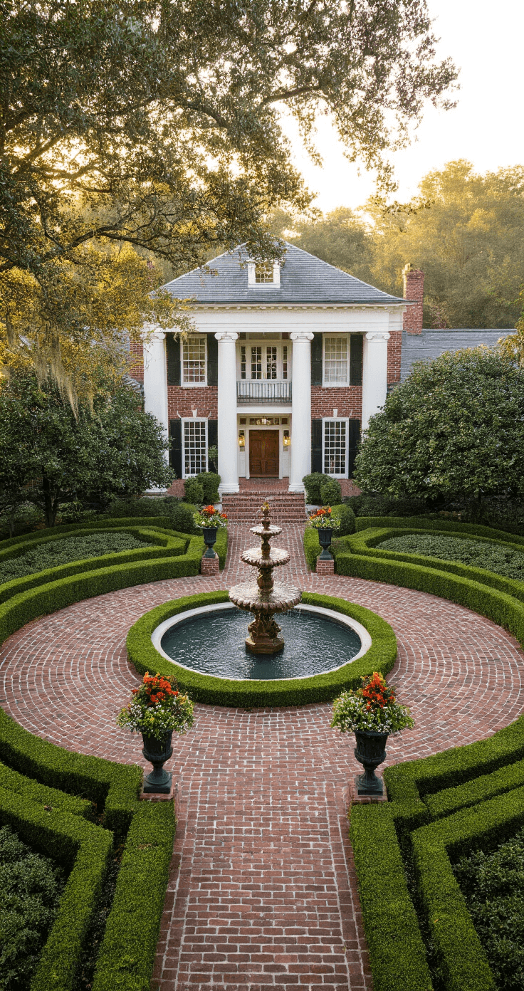Front House Landscaping: Transforming Your Home's First Impression Aerial view of a traditional Southern estate featuring a circular driveway with a tiered fountain, surrounded by mature crepe myrtles and manicured boxwood gardens. The white brick façade and copper accents are illuminated by warm morning light, emphasizing the symmetry and grandeur of the architecture.