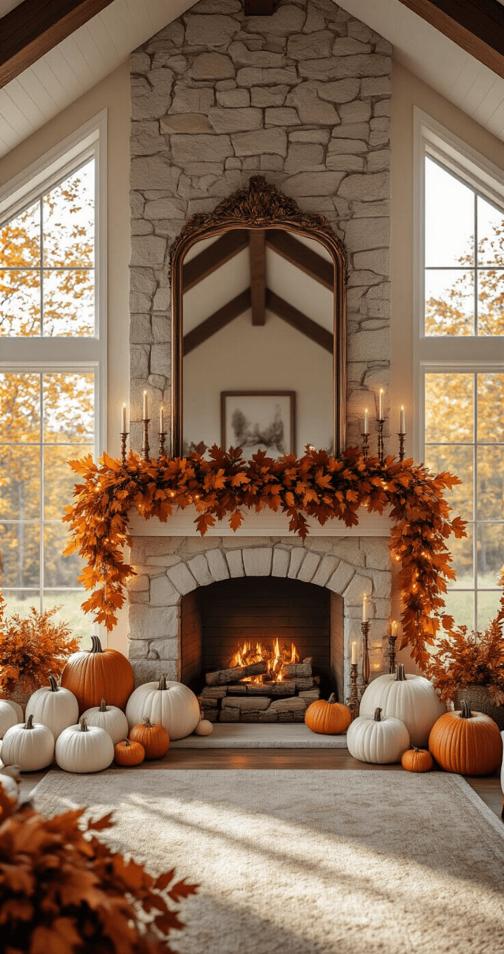 A cozy living room with vaulted ceilings, showcasing a stone fireplace adorned with a fall garland and pumpkins, illuminated by warm afternoon sunlight streaming through large windows.