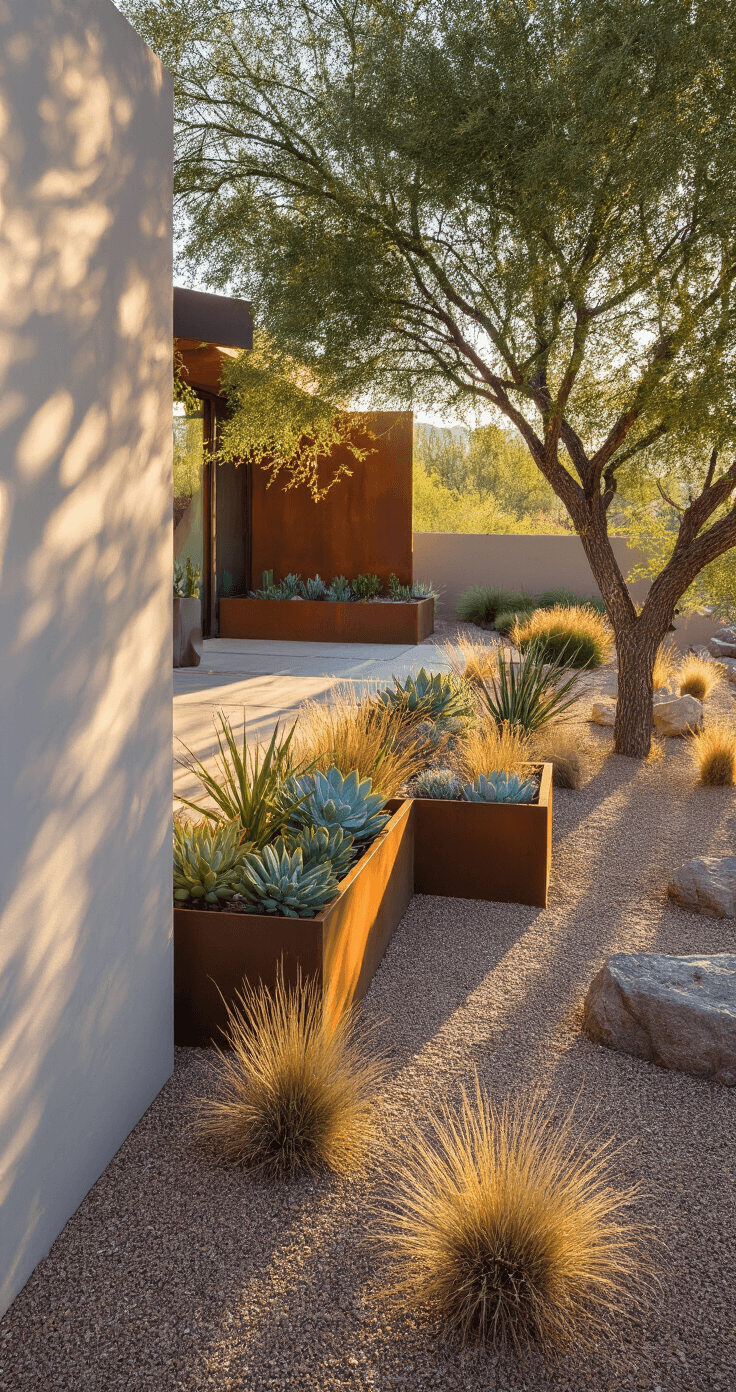 Front House Landscaping: Transforming Your Home's First Impression A xeriscaped front yard with angular steel planters filled with succulents and grasses, featuring a decomposed granite pathway and boulder groupings under late afternoon sunlight, showcasing copper and steel architectural elements in a desert palette of sage, silver, and rust tones.