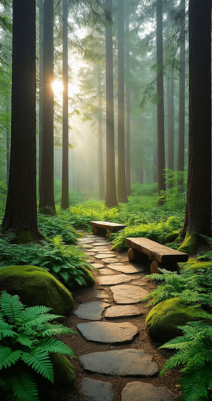 Front House Landscaping: Transforming Your Home's First Impression A serene woodland scene at dawn, featuring sunlight filtering through tall pine trees, illuminating a stone pathway surrounded by ferns and hostas. Moss-covered boulders and rustic log benches add to the enchanting atmosphere, with dappled light highlighting the morning mist and rich shades of green and brown.
