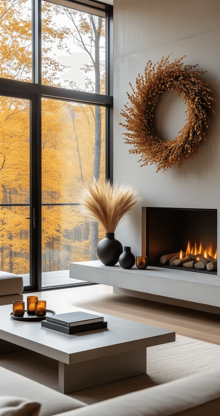 A modern living space with floor-to-ceiling windows showcasing a vibrant fall forest, featuring a sleek minimalist fireplace with a concrete mantel, decorative objects in matte black and copper, an asymmetrical wreath of dried eucalyptus and wheat, and amber glass votives, all captured in soft morning light with shallow depth of field.