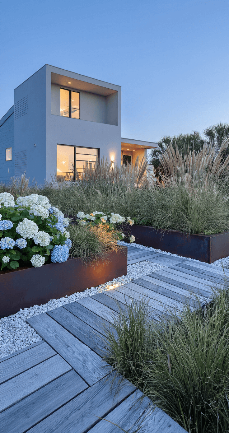 Front House Landscaping: Transforming Your Home's First Impression Twilight shot of a modern beach house with ornamental grasses and hydrangeas in raised steel planters, a bleached wood boardwalk over white pebbles, and marine-grade steel cables, showcasing a coastal color palette and reflections in window walls.