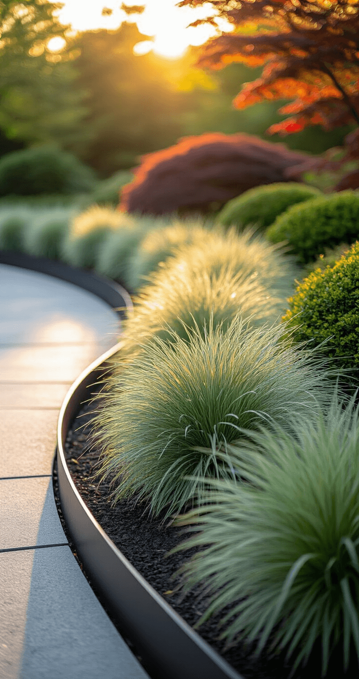 A low-angle wide shot of a tranquil garden border at golden hour, featuring a 20-foot curved flower bed with black metal edging. Silvery-green ornamental grasses contrast against the sharp metal lines, while soft backlight casts dramatic shadows. In the background, burgundy Japanese maples add rich color to the scene.