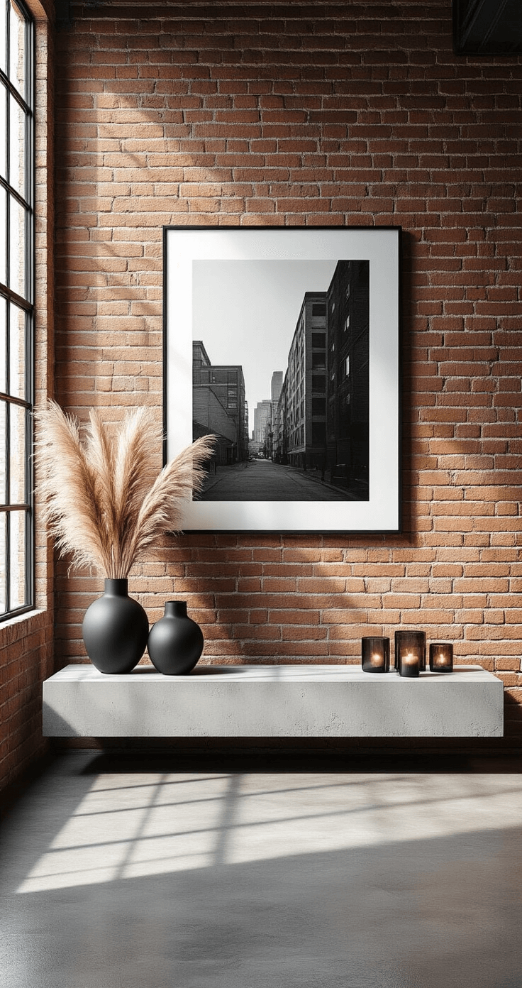 A chic urban loft featuring exposed brick walls and industrial windows, illuminated by cool afternoon light that casts dramatic shadows. A polished concrete floating mantel displays minimalist styling with matte black vases of dried pampas grass and bleached wheat. An oversized black and white photograph hangs above, complemented by smoky glass votives that add subtle sparkle, all captured from a slight elevation to showcase the texture and decor.