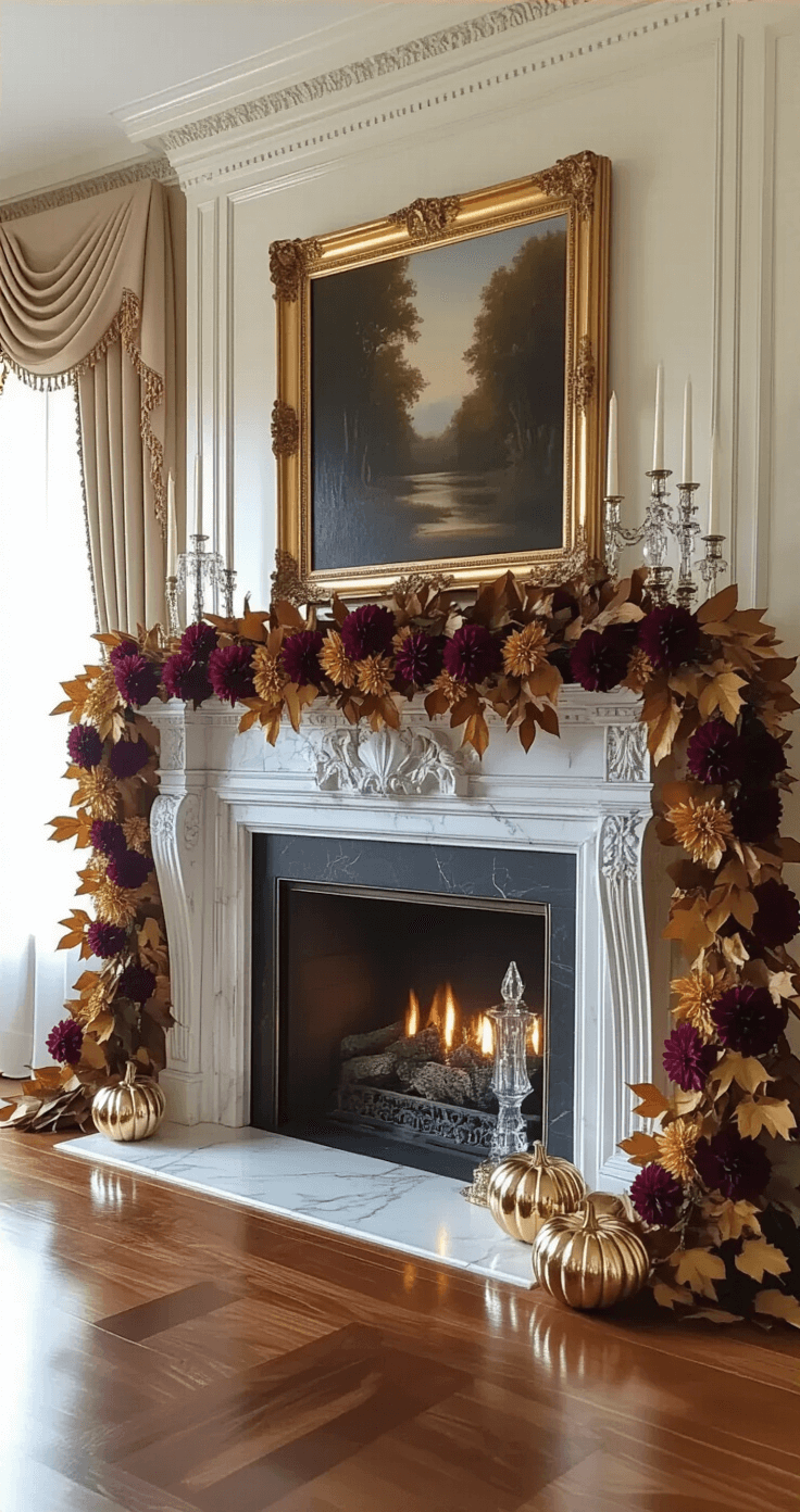 A luxurious traditional living room featuring rich hardwood floors, ornate crown molding, and a grand marble fireplace adorned with a fall display of magnolia leaves and burgundy dahlias. The scene is illuminated by soft morning light filtering through sheer curtains, emphasizing the symmetrical styling of the mantel, framed mirrors, and elegant decor elements.