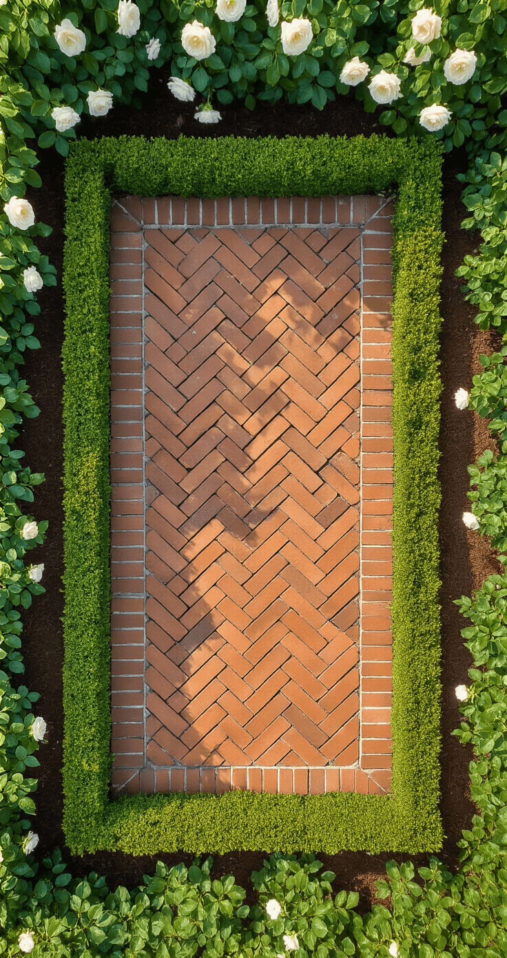 Overhead view of a formal English garden featuring herringbone-pattern brick borders in terra cotta tones, surrounded by boxwood hedges and white roses, with dew drops glistening on the foliage and rich brown mulch contrasting against red clay bricks.