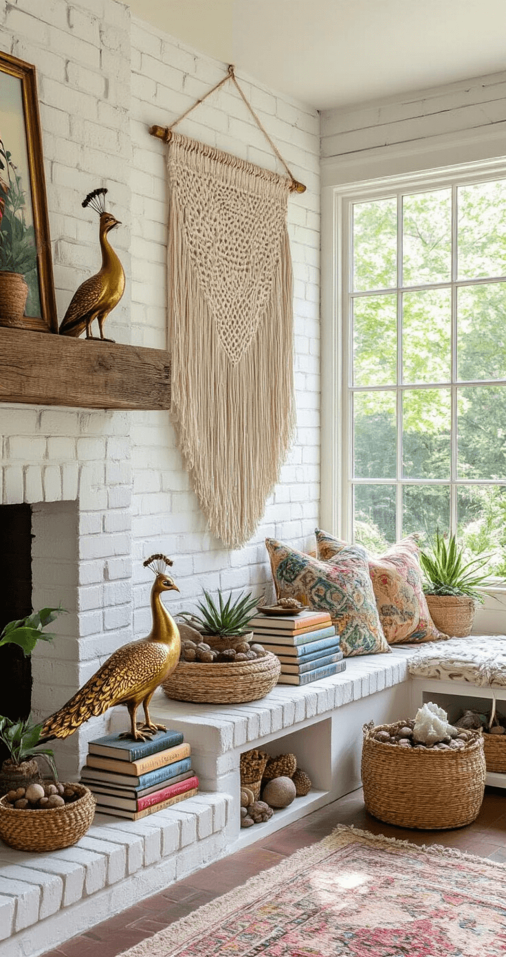 A bohemian sunroom with white brick walls and large windows showcasing a vibrant garden, featuring a rustic wooden mantel adorned with eclectic global decor, a macramé wall hanging, brass peacock figurines, colorful vintage books, air plants, geodes, and woven baskets filled with natural elements, all bathed in dappled midday light.