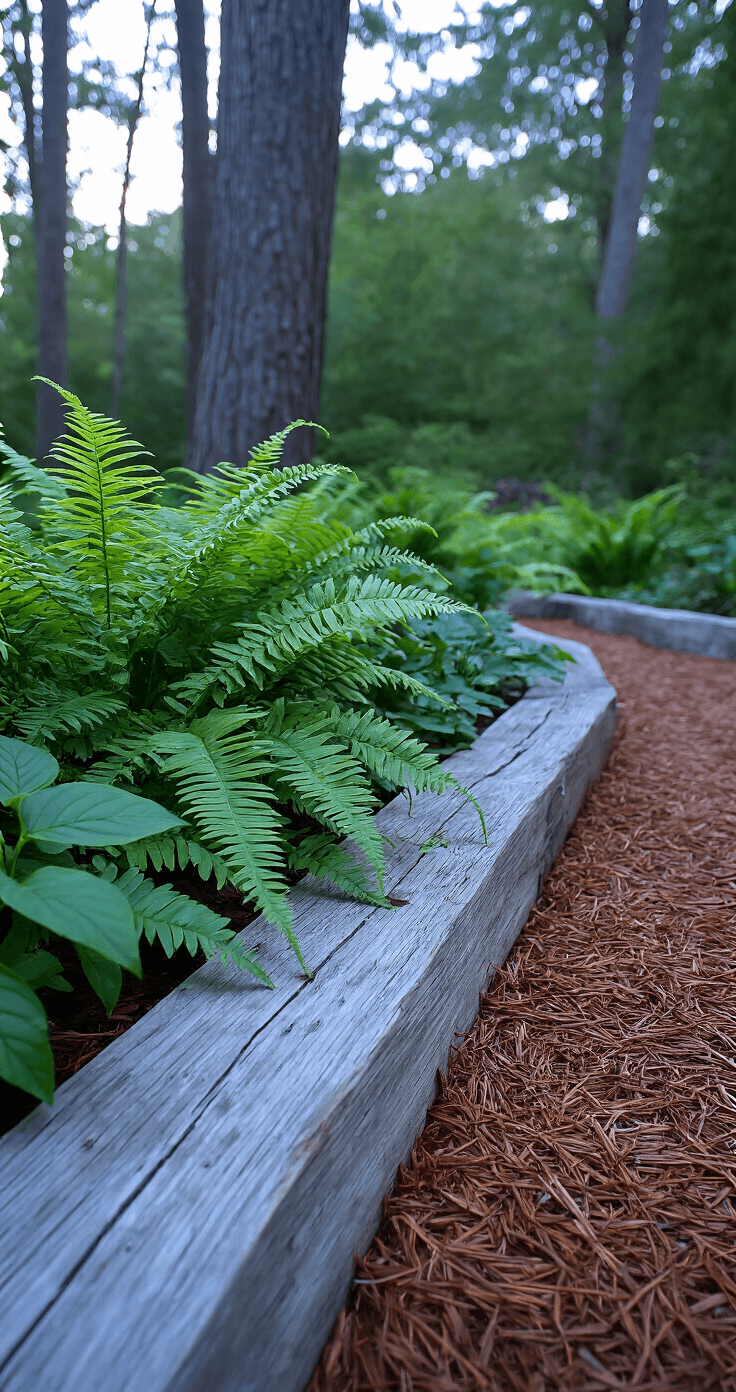 Intimate garden scene during blue hour, featuring rustic silver-gray railroad tie edging surrounded by native ferns and hostas, with pine needle mulch on the ground. Subtle landscape lighting highlights the wooden borders, capturing a moody evening atmosphere.