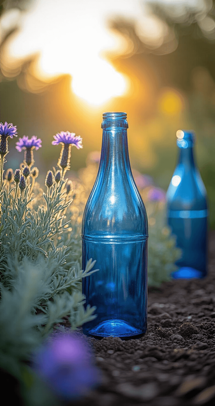 Close-up of an eco-friendly garden border made of recycled blue glass bottles, illuminated by late afternoon sunlight which creates enchanting light patterns on the soil. Desert-style plants like silver artemisia and purple salvias enhance the cobalt glass, with detailed focus on the bottles and a dreamy bokeh background, captured from ground level.