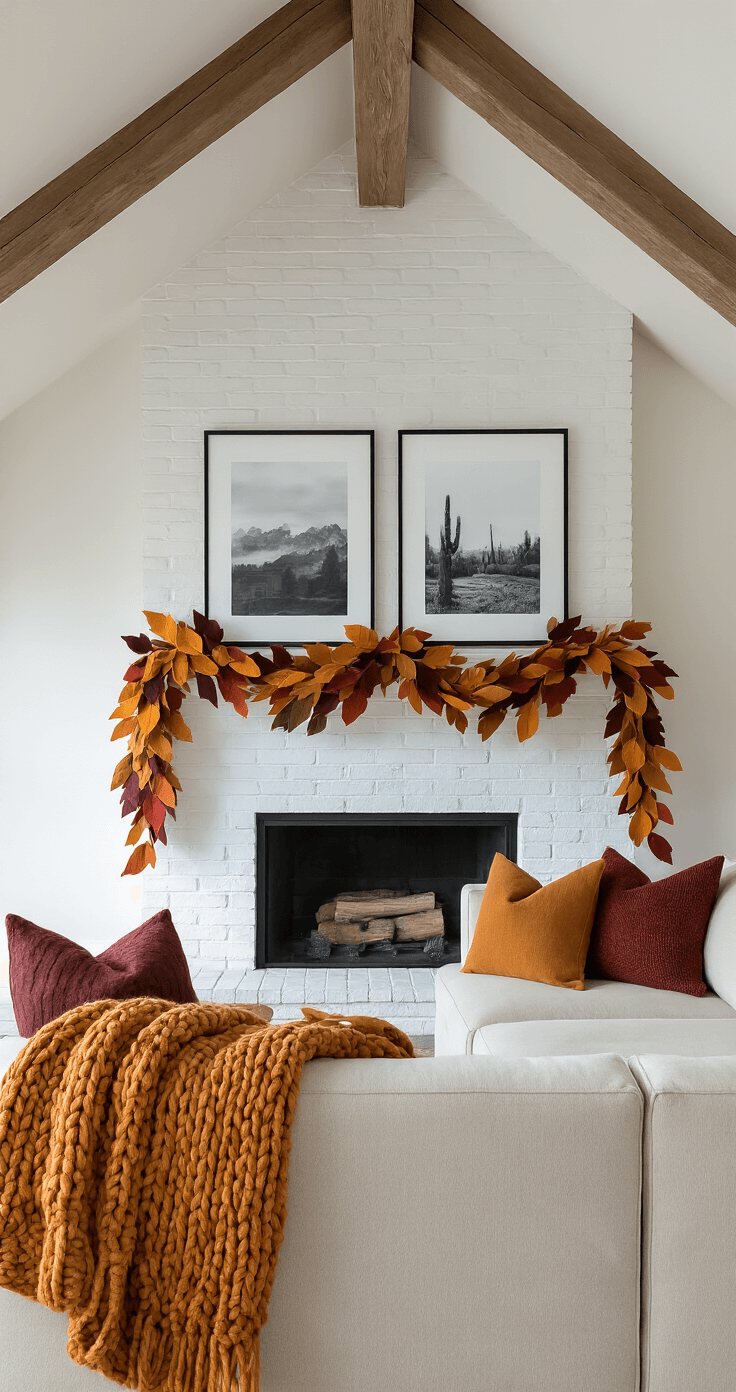 Cozy living room with vaulted ceilings, featuring a whitewashed brick fireplace adorned with a hand-crafted felt leaf garland in autumnal hues. A plush oatmeal sectional sofa with textured pillows and a chunky knit blanket completes the inviting space, illuminated by soft ambient lighting.