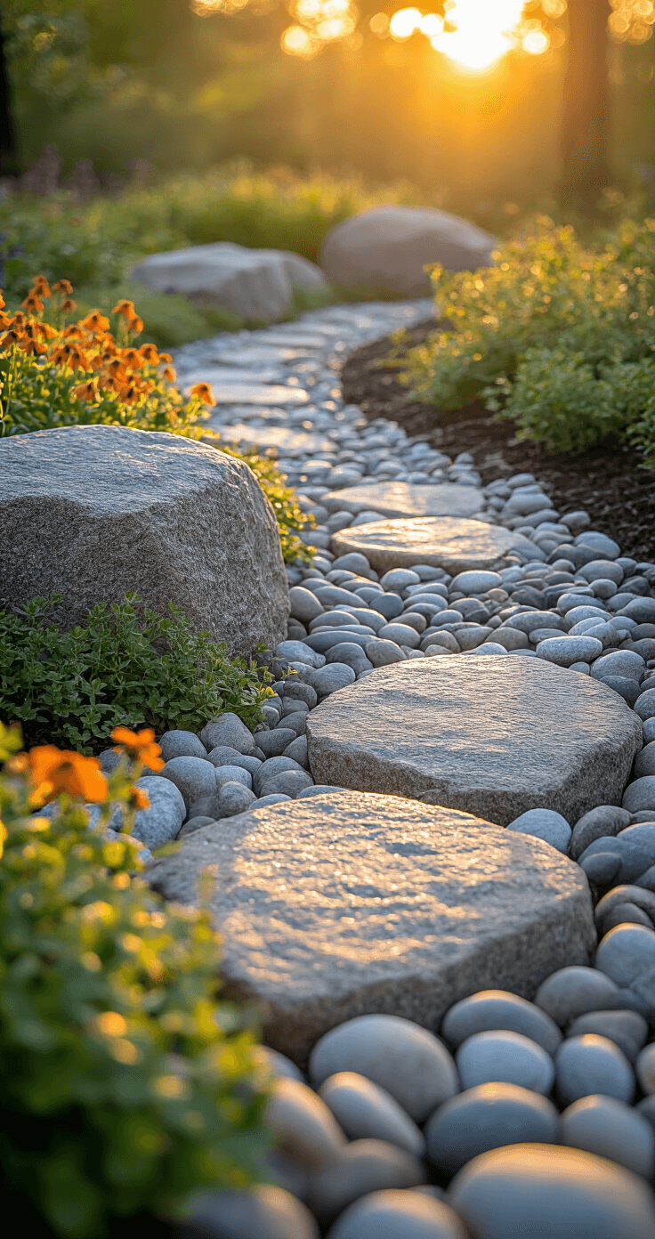 A close-up shot of a curved stone garden bed featuring large granite boulders and smaller river rocks, captured during the golden hour with dew-kissed coral bells and creeping thyme, emphasizing the textures in the faint morning light.