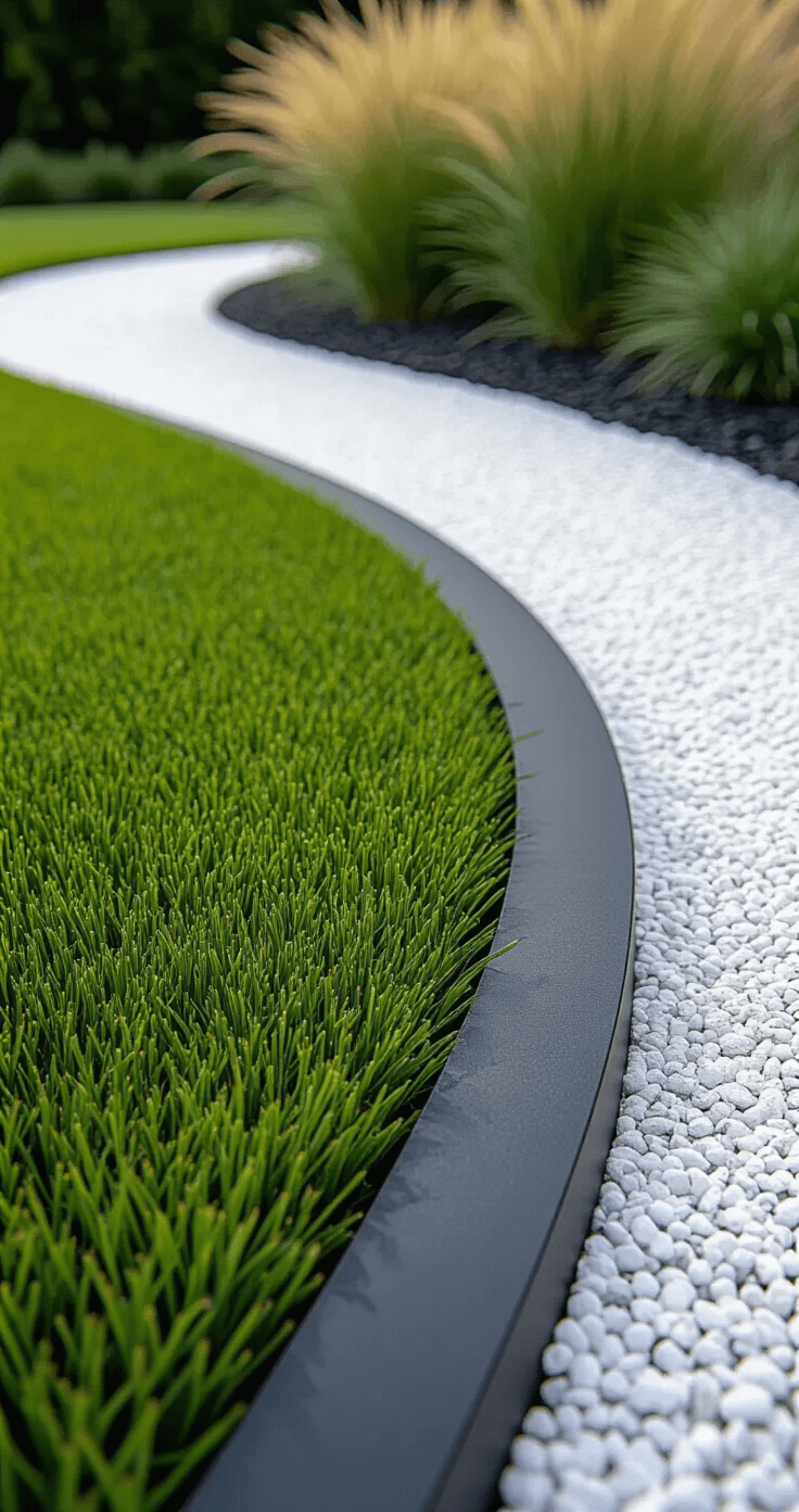 Contemporary rubber edging installation featuring a clean black border around a fresh green lawn and white pea gravel path, captured in mid-morning light with modern grasses accentuating the design.