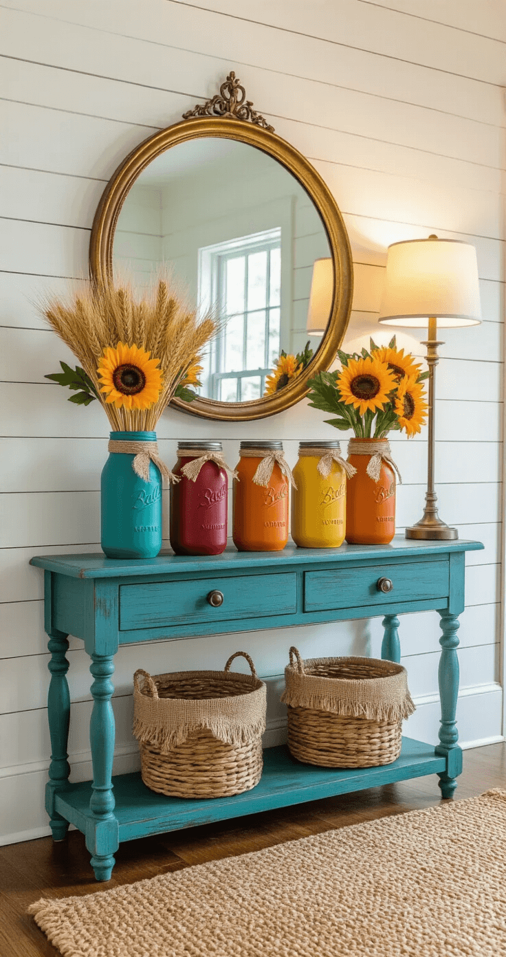 A cozy entryway featuring creamy white shiplap walls, a distressed teal console table adorned with mason jars in burnt orange, deep crimson, and golden yellow filled with faux wheat, sunflowers, and oak leaves. Above, a large round brass-framed mirror reflects warm light from a nearby floor lamp, while a natural-toned braided jute rug completes the scene.