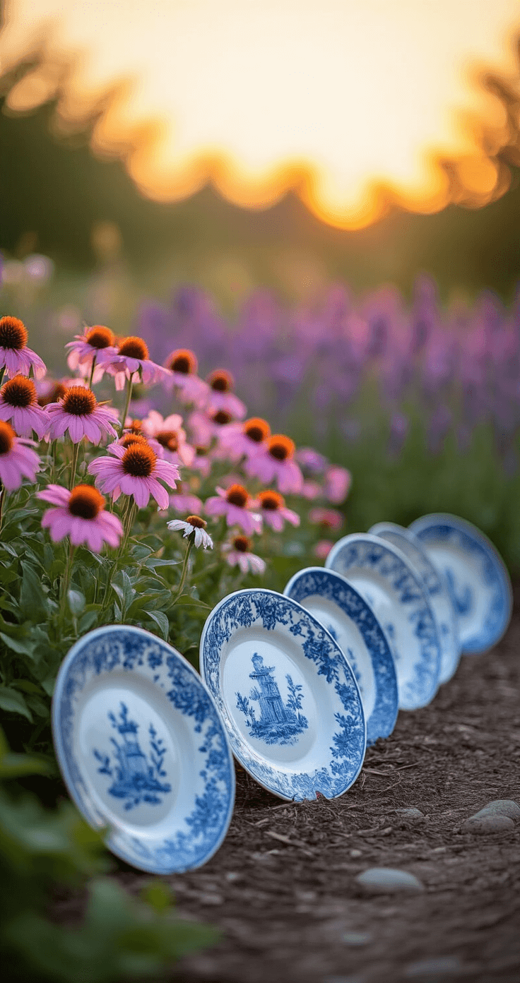 A serene lifestyle garden scene at sunset featuring DIY ceramic plate borders with vintage blue and white china plates placed upright among a cottage garden bed of pink phlox and purple coneflowers, illuminated by warm evening light. A soft-focused lavender field gently fades in the background.