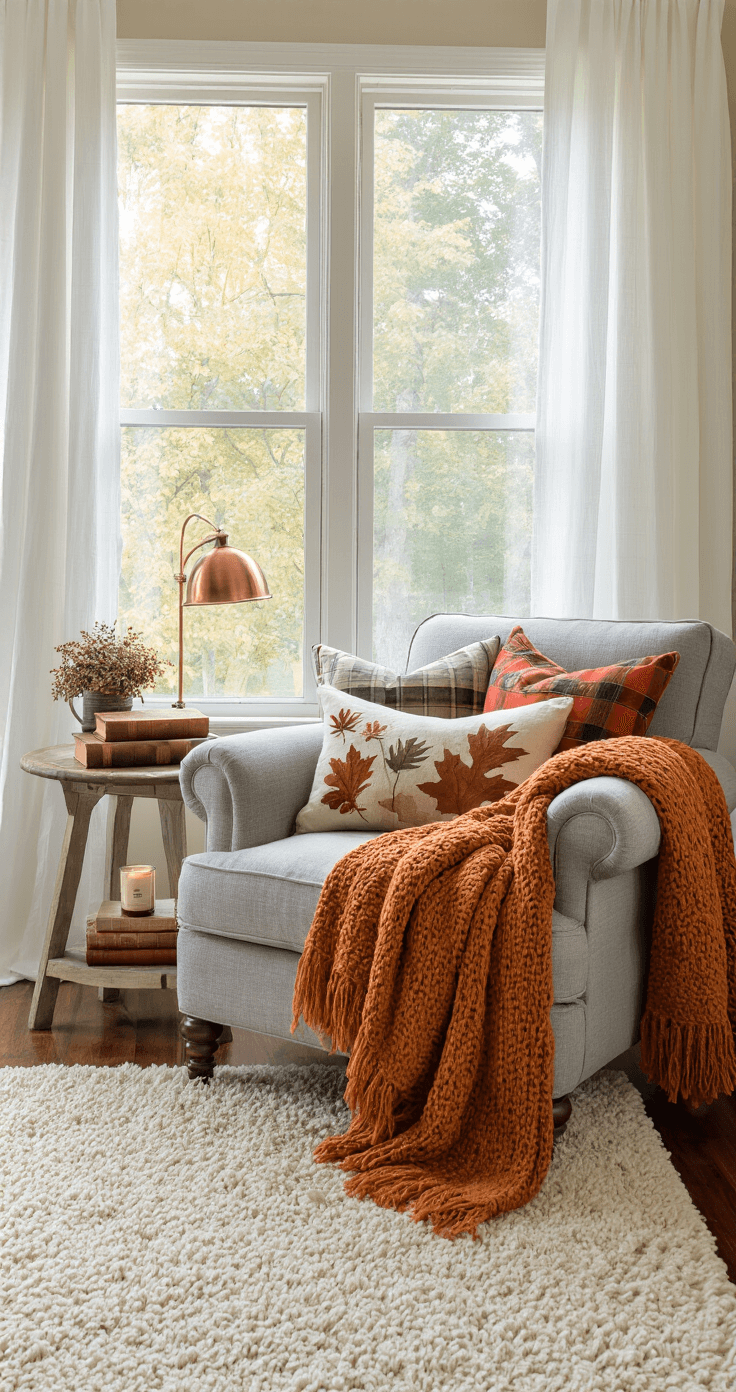 A cozy reading nook in a bay window features a plush gray armchair with a pumpkin orange throw and assorted autumnal pillows. A round oak side table holds leather-bound books, a copper lamp, and a candle. Soft natural light filters through white curtains, illuminating a cream shag rug on hardwood flooring.