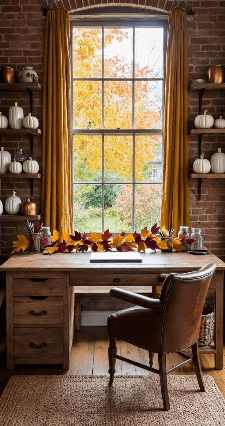 A rustic home office featuring an exposed brick wall, wide-plank hardwood floors, and a large reclaimed wood desk facing a garden with fall colors. The desk is adorned with a felt leaf garland, painted mason jars for organization, and illuminated by natural light and a brass desk lamp. A vintage leather chair complements the space, while floating shelves display white ceramic pumpkins and copper accents, all grounded by a braided wool rug in earthy tones.