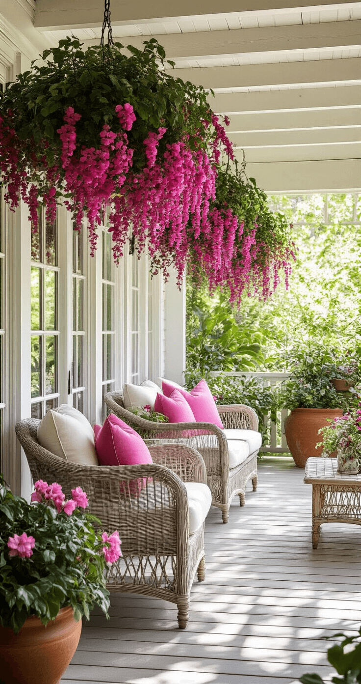 A screened porch view at midday, featuring cascading fuchsia flower baskets against a white pergola and dappled sunlight illuminating weathered cedar furniture with cream cushions.