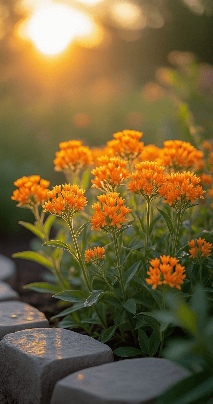 A vibrant morning garden vignette featuring clusters of orange Butterfly Milkweed in a raised bed, backlit by the early sun, surrounded by a natural stone border, with dewdrops on the foliage and a warm, earthy color palette.