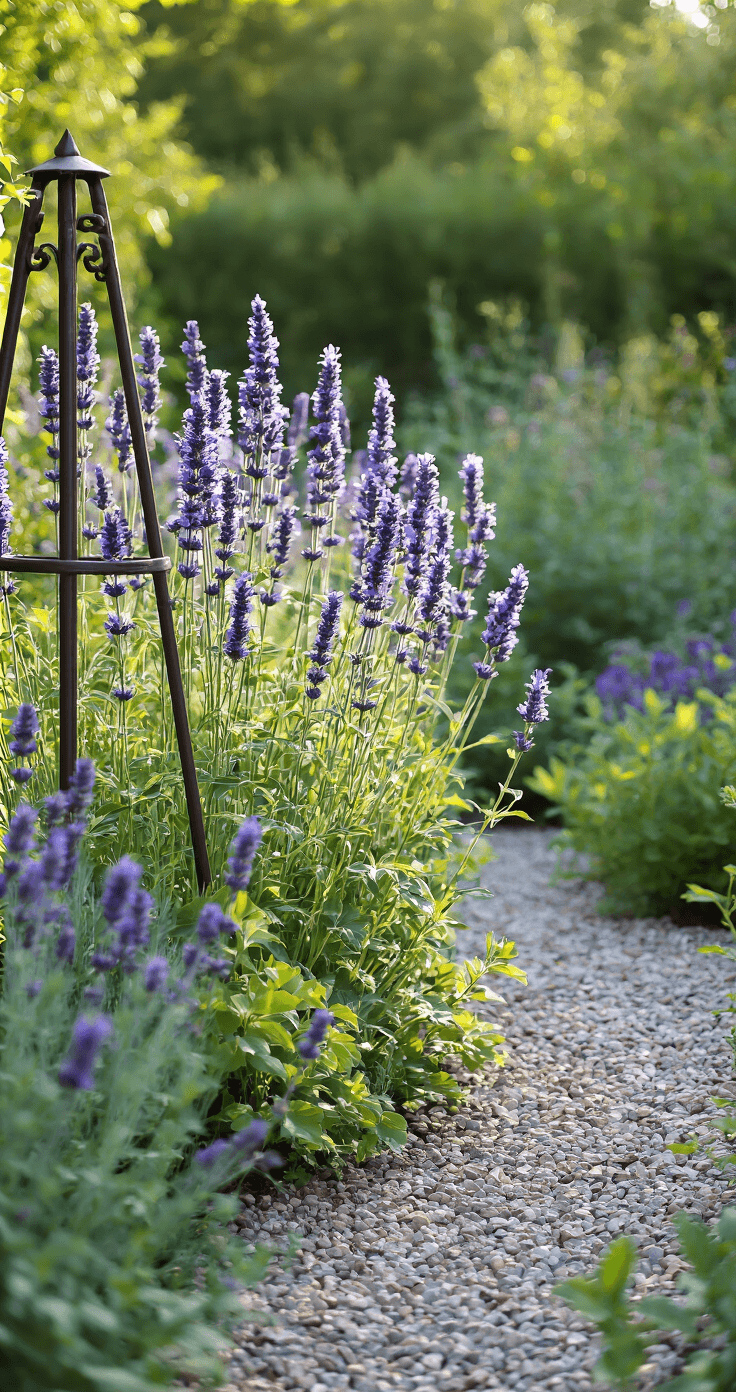An intimate garden scene featuring a 6ft tall Agastache with lavender-blue spikes in a herb garden, surrounded by mixed herbs and a gravel pathway, complemented by a bronze obelisk, showcasing a color palette of blue-purple, silver-green, and warm gravel tones.