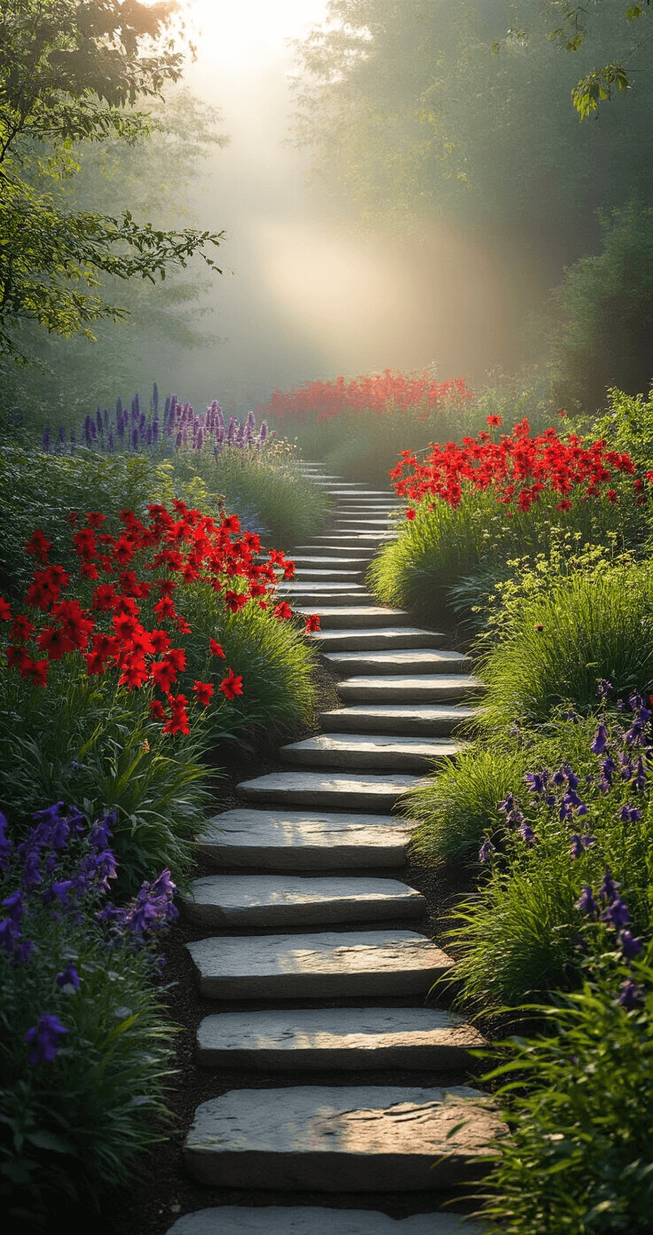 A beautifully illuminated native garden corridor featuring a 25ft long curved bed of Cardinal Flower, Columbine, and Penstemon, enhanced by morning mist and backlit flower silhouettes. Natural stone steps wind through the space, showcasing a color palette of scarlet red, deep purple, and misty blues in a wild, naturalistic planting style.