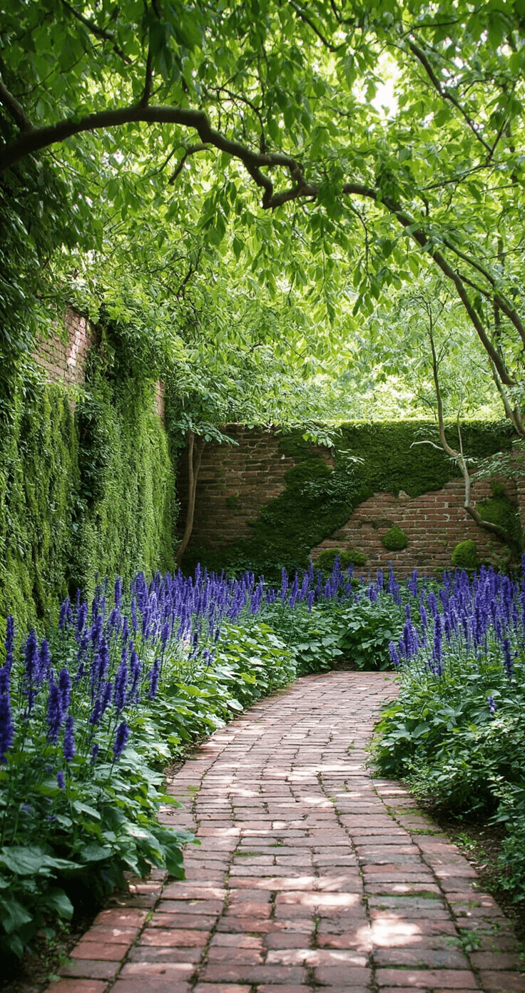 A serene afternoon in a secret garden featuring vibrant clusters of Salvia in deep blues and purple-blacks, nestled in a sheltered corner with dappled sunlight filtering through the tree canopy, against a textured backdrop of an aged brick pathway and moss-covered garden wall, encapsulating a romantic English garden atmosphere.