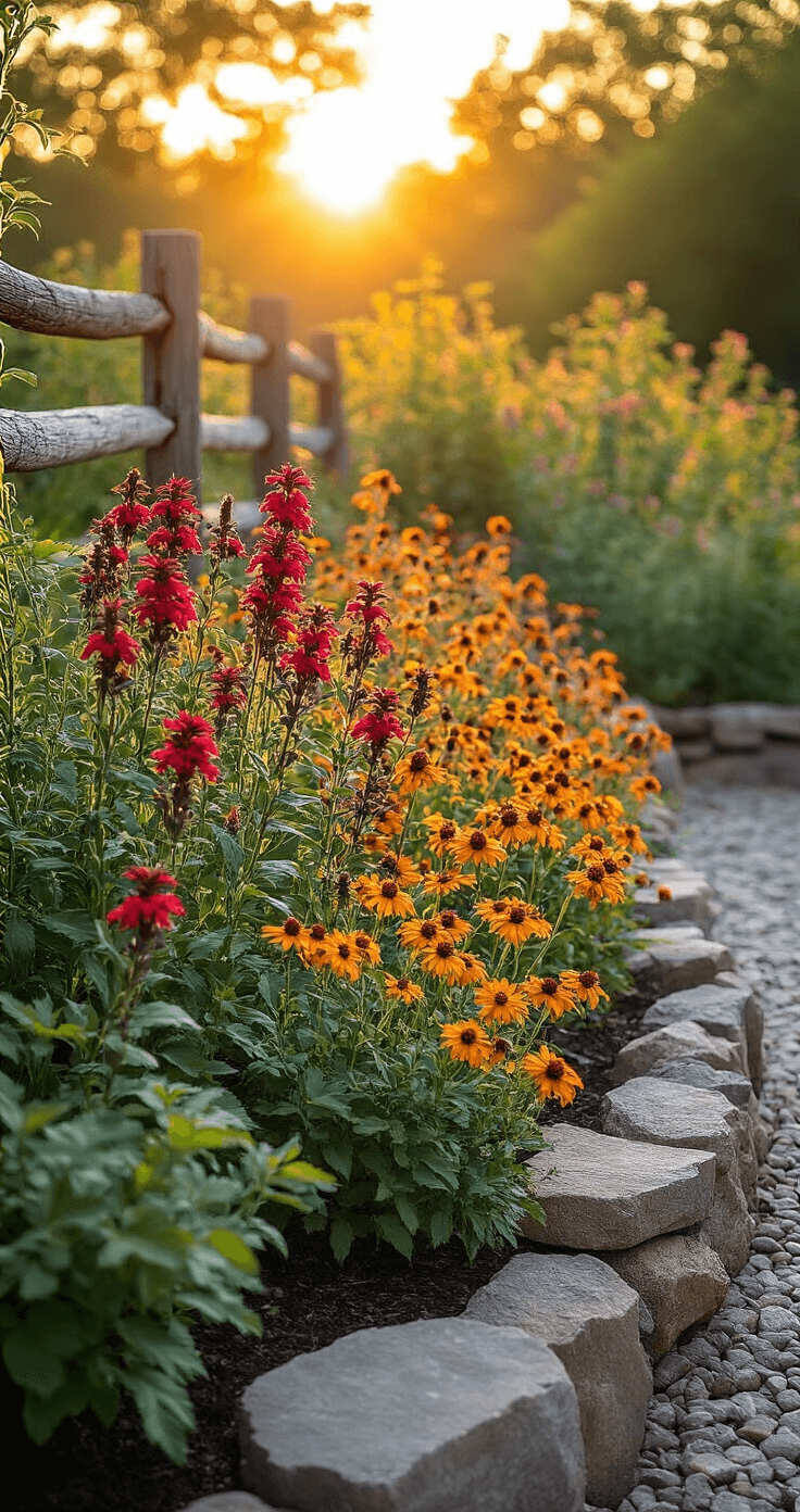 A vibrant sunset garden featuring a 15ft mixed perennial bed with 5ft Bee Balm and native Penstemon, backlit by golden hour light creating glowing silhouettes. A rustic split-rail fence with climbing vines serves as the backdrop, complemented by local fieldstone edging, showcasing a color palette of burgundy, copper, and amber tones in a natural woodland garden setting.