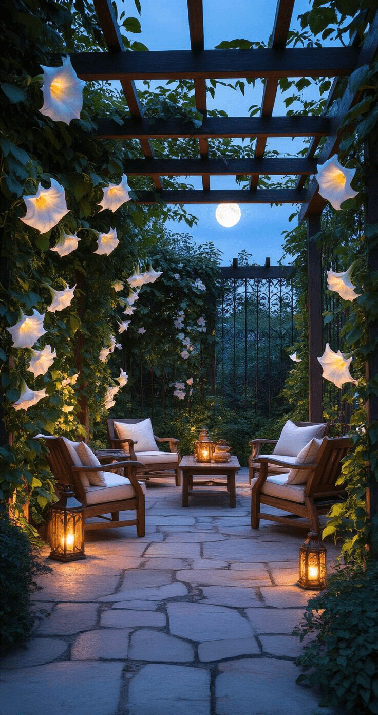Twilight garden seating area featuring a flagstone patio illuminated by moonlight, with weathered teak lounge chairs facing a Moonflower vine on wrought iron trellises, large white blooms against a deep blue sky, and copper lanterns casting warm light on rustic side tables, captured from ground level with a dreamy bokeh effect.