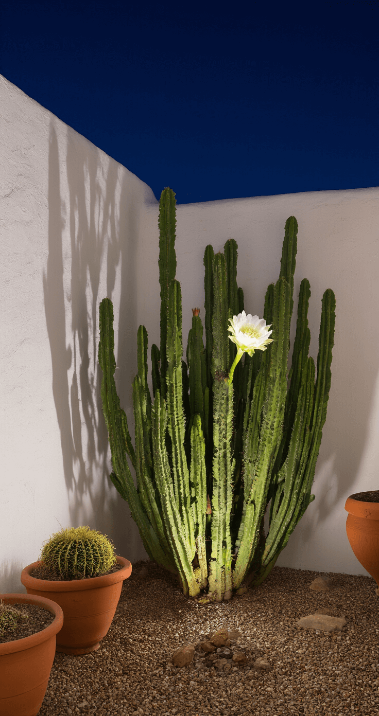 Intimate midnight courtyard garden featuring a mature Queen of the Night cactus in bloom, illuminated against a whitewashed adobe wall, with terra cotta containers and desert pebble groundcover.