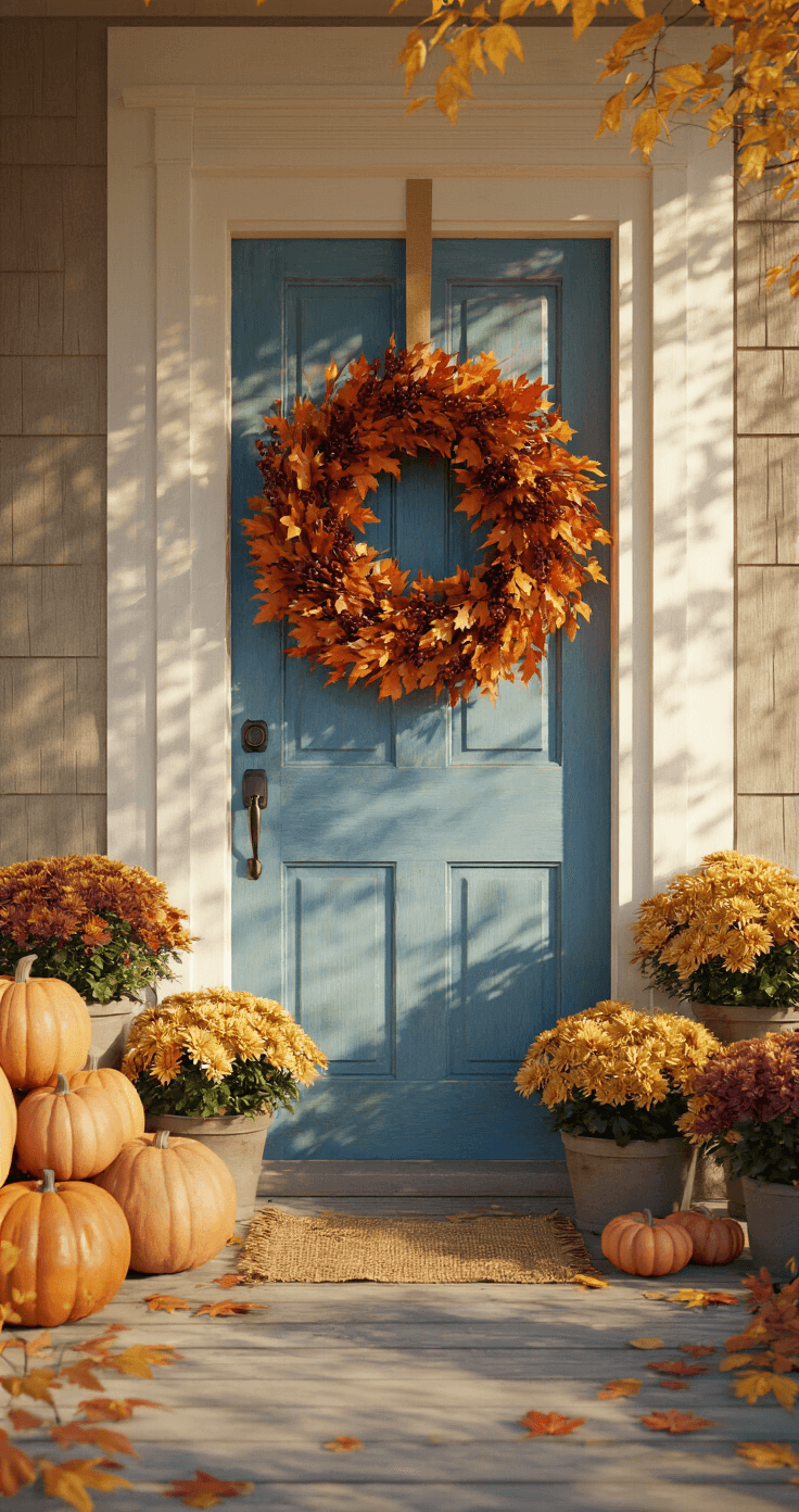 A welcoming autumn porch with a blue door and a grapevine wreath adorned with orange and burgundy leaves, flanked by gold and rust chrysanthemums, and a stack of heirloom pumpkins, all illuminated by warm sunlight and scattered with fallen leaves.