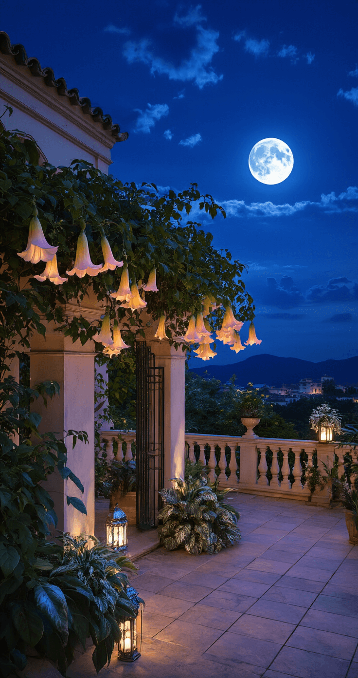 A moonlit Mediterranean terrace showcasing cascading Angel's Trumpets over an antique balustrade, surrounded by glowing Moroccan lanterns and silver-leafed plants, captured in a dramatic wide-angle view with a vivid indigo sky and the moon's illumination.