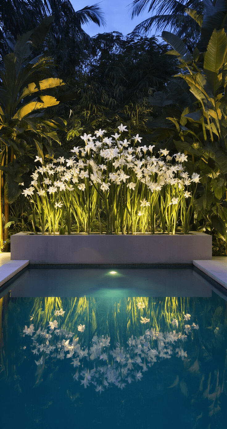 A serene tropical night garden featuring towering white Tuberose flowers reflecting in a 15x20ft pool, illuminated by underwater lights. Modern concrete planters amidst lush foliage create a mystical atmosphere, with dramatic shadows from various light sources. Shot from water level, emphasizing reflection symmetry.