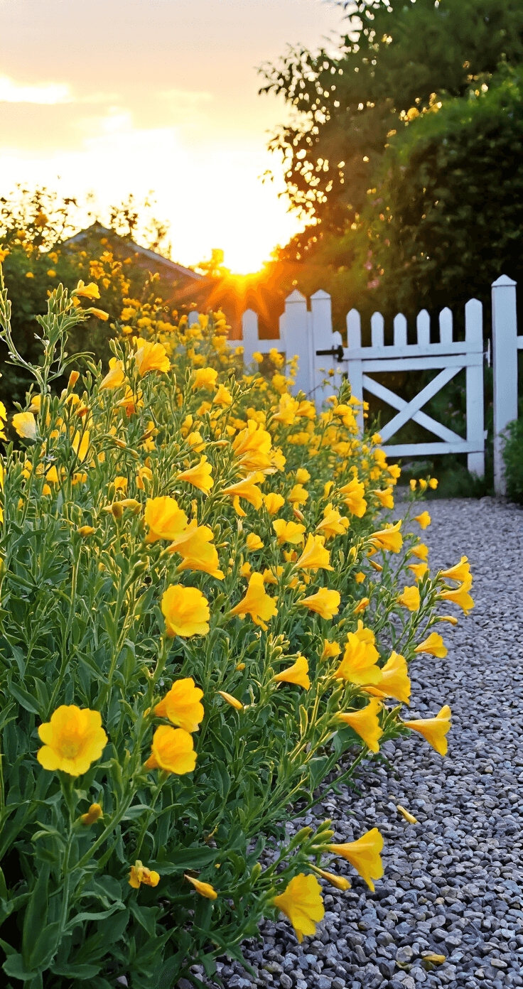A cozy evening primrose cottage garden at sunset, featuring clusters of luminous yellow blooms with a vintage garden gate and gravel path in the background, illuminated by golden hour backlighting and a selective focus on the opening flowers.