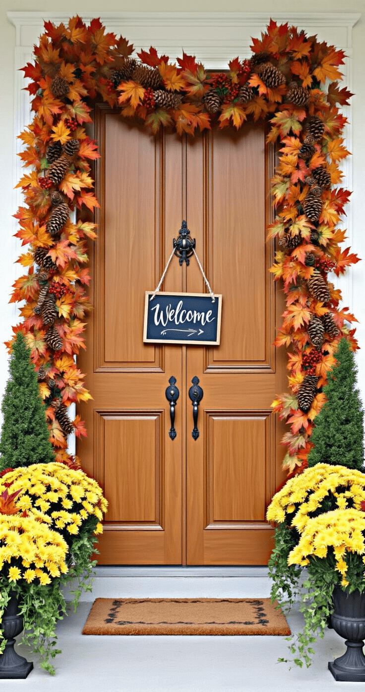 A grand entryway featuring a double door framed by a lush fall garland of faux maple leaves, pinecones, and berries, with warm chestnut doors and elegant brass knockers. Tall urns with golden mums and ivy flank the entrance, while a rustic chalkboard welcome sign adds charm. The scene is softly lit to evoke a cozy autumn evening.