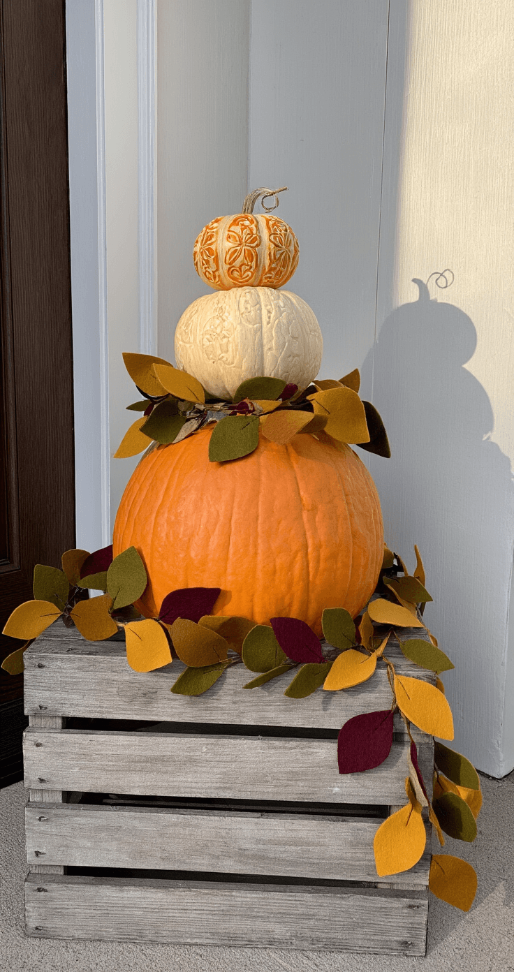A creative stack of three pumpkins in varying sizes and colors, from ghostly white to burnt orange, with intricate carvings on the top pumpkin. The stack is adorned with a garland of felt leaves and placed on a weathered wooden crate, beside a navy blue front door.