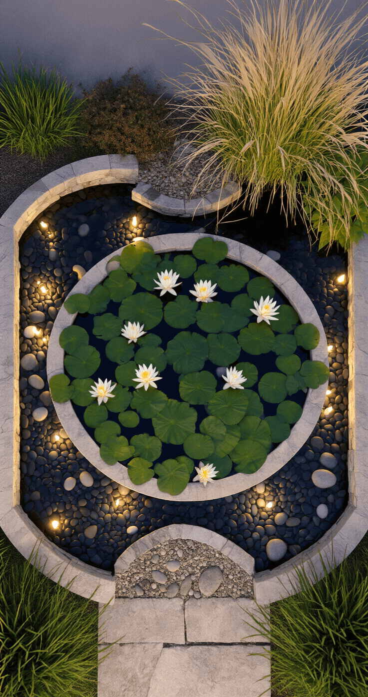 Overhead shot of a midnight pond with giant white water lilies blooming on a dark surface, illuminated pebbles beneath, framed by stone edging and grasses, capturing the tranquil beauty in long exposure.