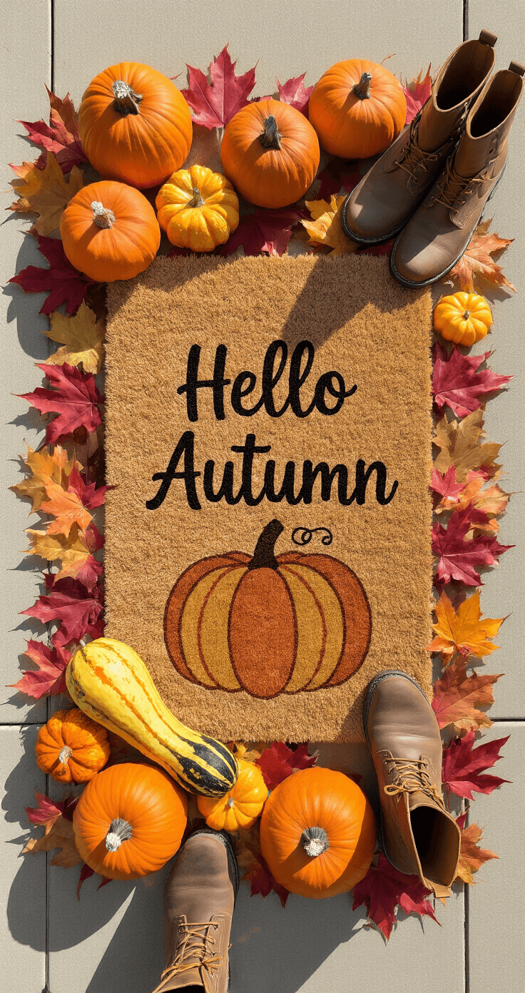 An overhead view of a fall-themed doormat reading 'Hello Autumn', surrounded by an arrangement of colorful pumpkins and gourds, scattered maple leaves, and a pair of leather boots, all bathed in warm, natural light.