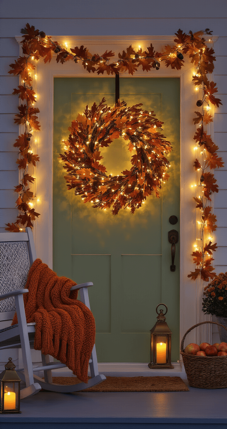 A cozy fall-decorated porch at twilight, featuring a large autumn wreath on a sage green door with warm string lights, illuminated lanterns, a rocking chair with a chunky orange throw, a basket of apples, and a garland of faux oak leaves with a soft glow.