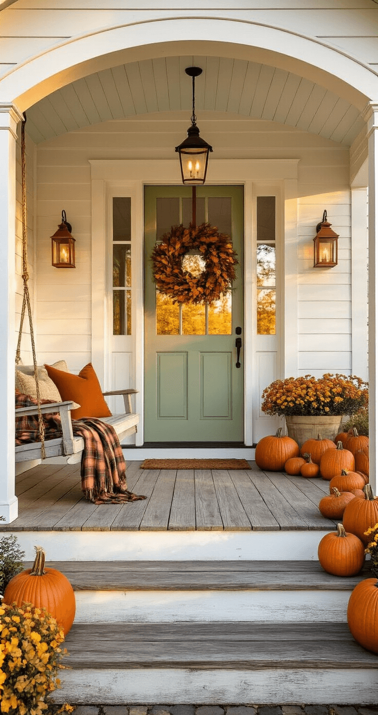 Fall Porch Decor Ideas: Cozy Up Your Entryway for Autumn A cozy farmhouse front porch at golden hour, featuring whitewashed wooden planks, a pitched roof, vintage swing with a plaid blanket, heirloom pumpkins, copper lanterns, and a sage green door adorned with a wreath of oak leaves and pine cones. Fall porch decor ideas.