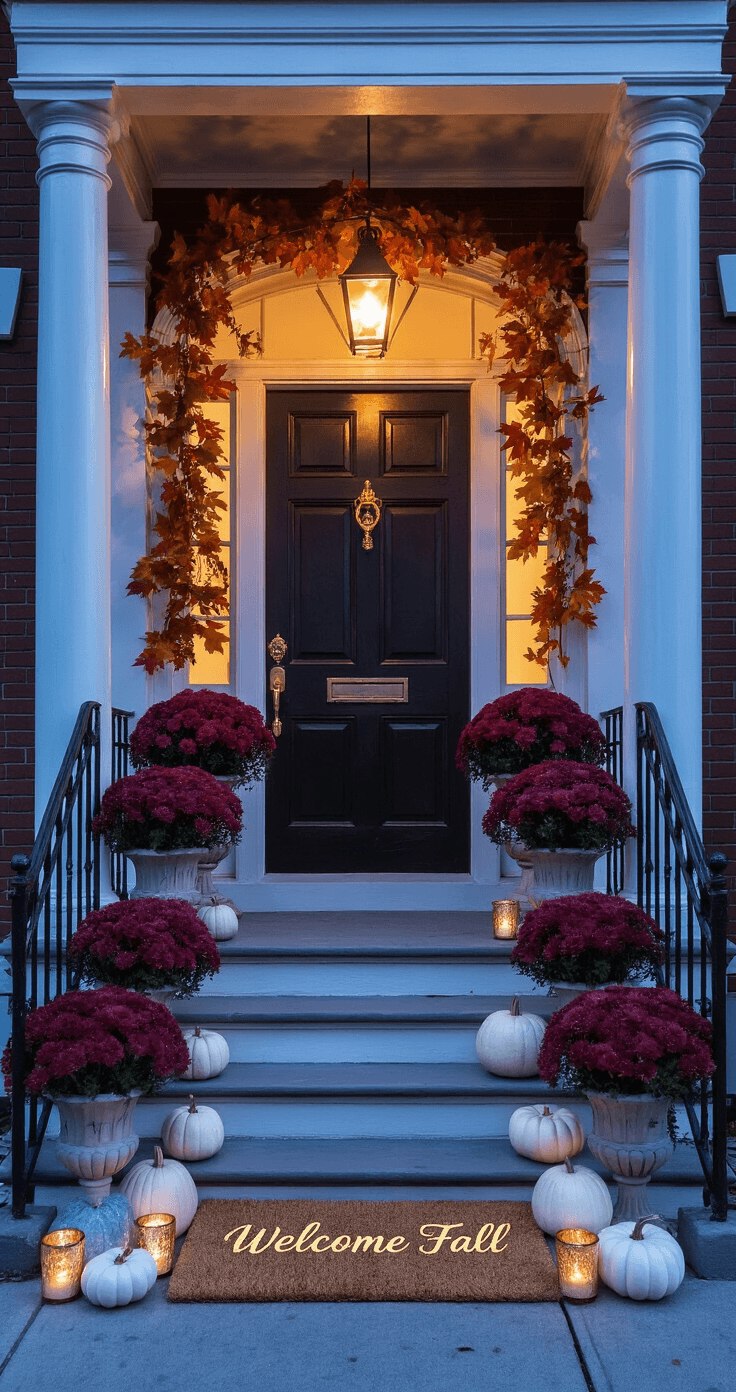 Fall Porch Decor Ideas: Cozy Up Your Entryway for Autumn An elegant townhouse stoop at dusk, featuring wrought-iron railings, tall white columns framing a dark wooden door with a brass knocker, and overflowing urns of burgundy mums and ivy. White and pale blue pumpkins line the steps alongside mercury glass votives, while a plush jute doormat reads 'Welcome Fall' in gold script. A garland of faux maple leaves in rich reds and oranges drapes above, with cool blue twilight and warm porch lights creating a moody contrast.