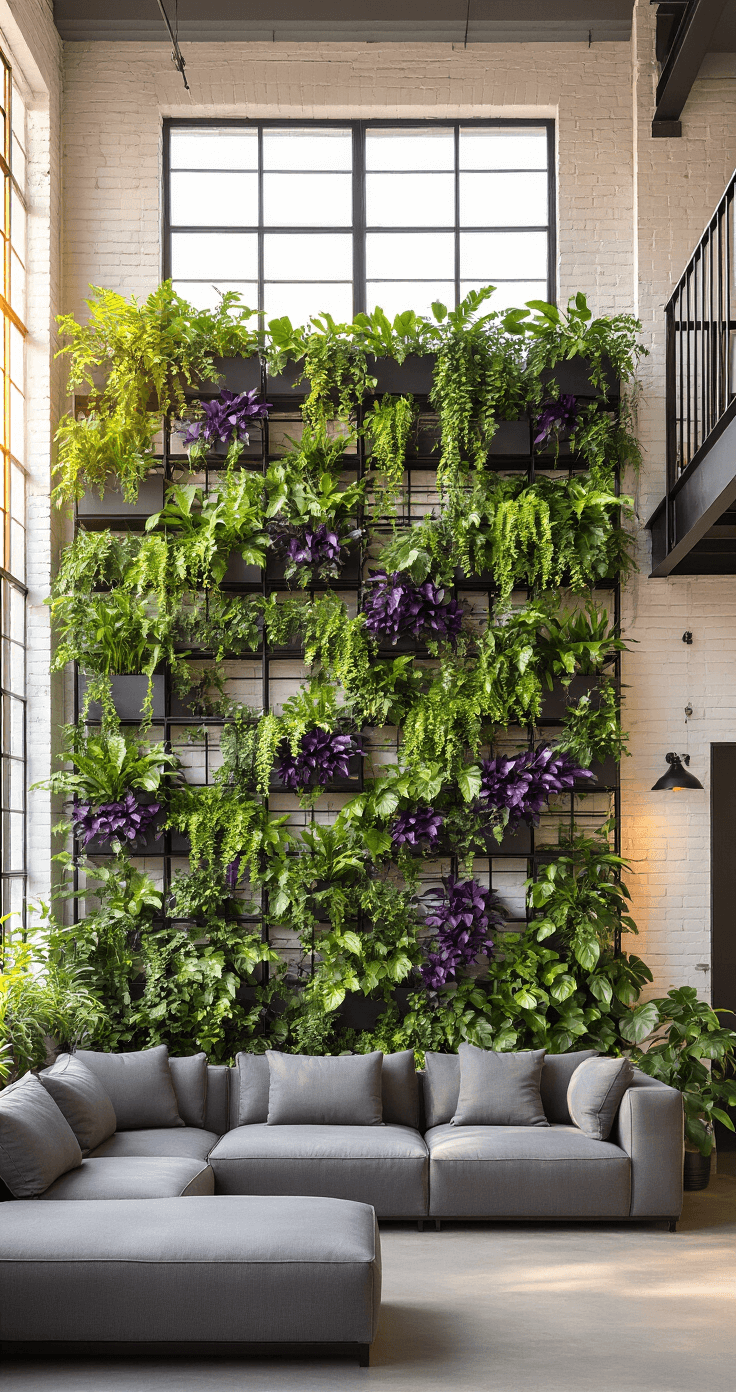 Stunning Planter Box Ideas: Transform Your Space with Creative Gardening Solutions A sunlit modern loft with a 12-foot vertical garden wall of lush cascading plants, featuring a white-washed brick backdrop and black metal grid-mounted planter boxes. The warm golden hour light streams through industrial windows, illuminating a gray sectional sofa below and highlighting intricate plant textures against sharp architectural lines.