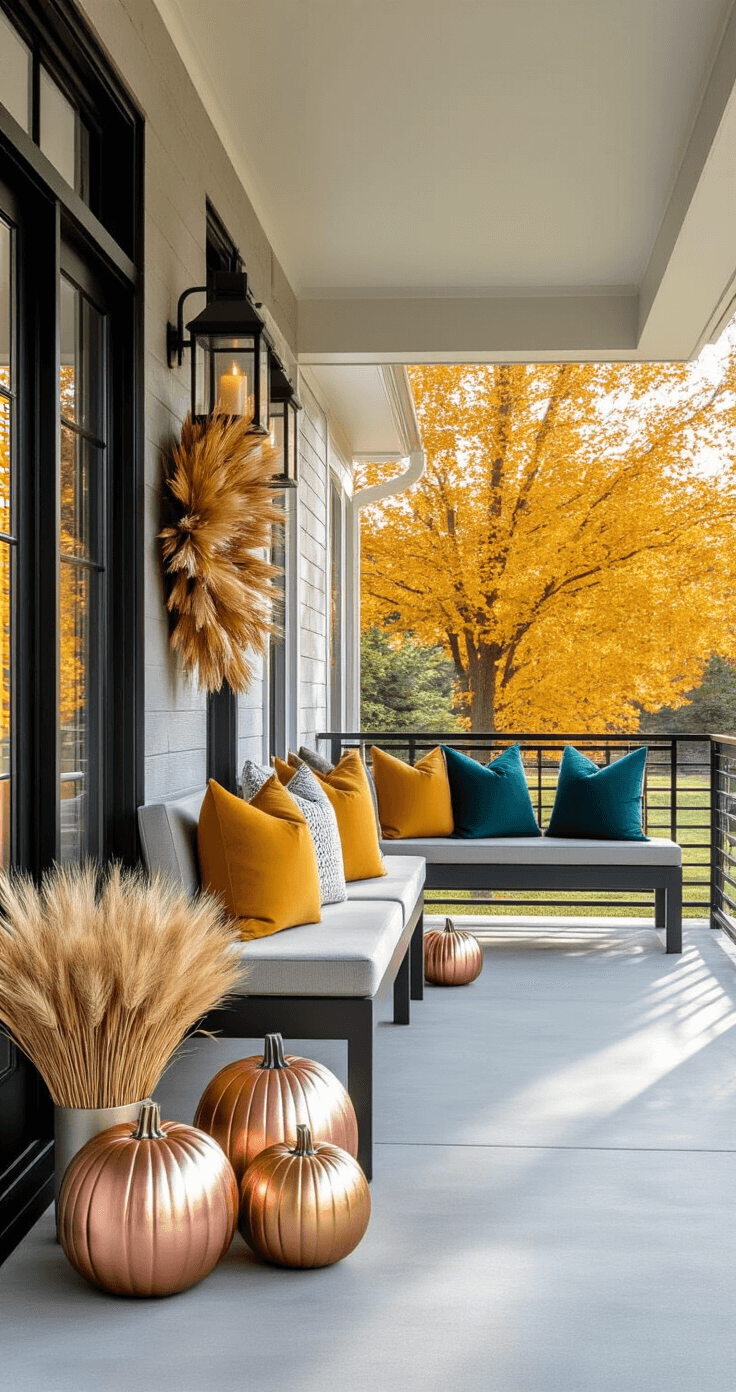 Fall Porch Decor Ideas: Cozy Up Your Entryway for Autumn A modern suburban front porch featuring polished concrete flooring, minimalist metal railings, and a contemporary bench with geometric cushions. Autumn sunlight illuminates metallic painted pumpkins and oversized lanterns with candles, against a backdrop of a striking wreath on a charcoal gray door.