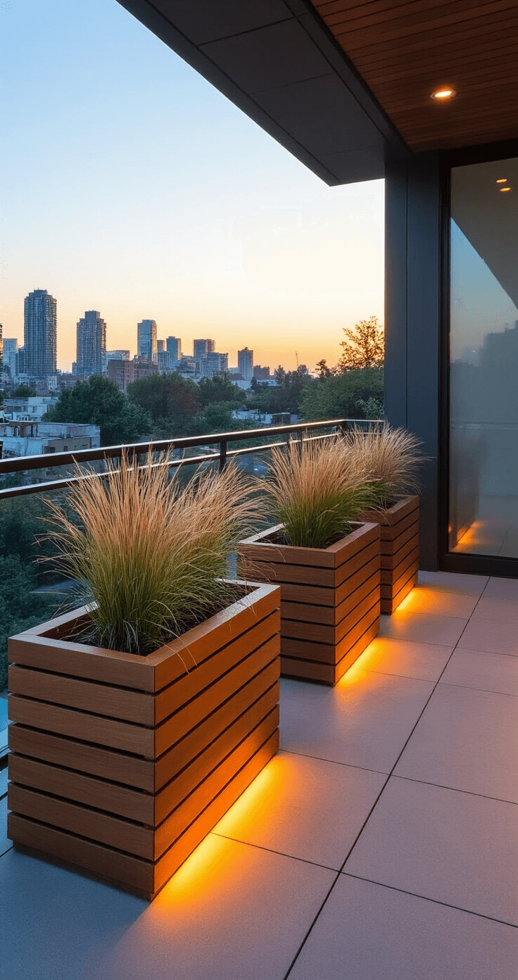 Stunning Planter Box Ideas: Transform Your Space with Creative Gardening Solutions Intimate balcony at dusk with cedar slat planter boxes along glass railings, showcasing ornamental grasses in the warm glow of copper accent lighting. Modern concrete flooring enhances the urban setting, with a wide-angle view capturing the city backdrop and the clean lines of wood and metal.