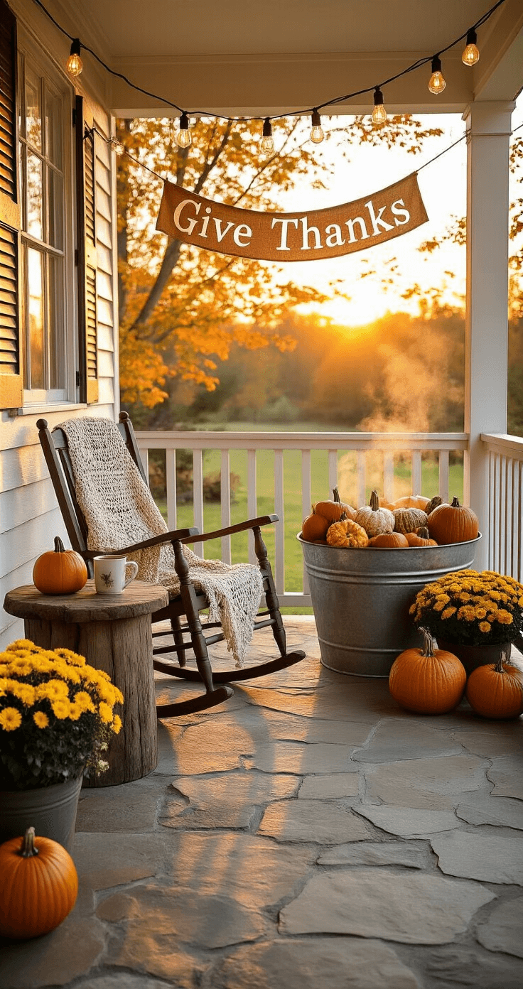 Fall Porch Decor Ideas: Cozy Up Your Entryway for Autumn A cozy cottage porch at sunset featuring natural stone flooring, a vintage rocking chair with a crocheted throw, a rustic side table with a steaming mug of cider, a large galvanized metal tub brimming with gourds and mini pumpkins, strings of Edison bulbs overhead, a burlap banner reading 'Give Thanks' above the door, and potted chrysanthemums in jewel tones lining the steps, all bathed in warm, golden light.