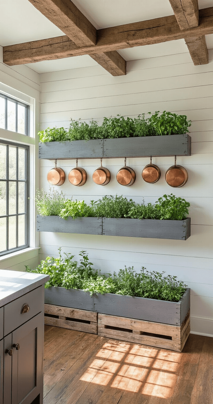 Stunning Planter Box Ideas: Transform Your Space with Creative Gardening Solutions Rustic farmhouse kitchen featuring an upcycled pallet wood planter wall with three tiers of weathered gray planter boxes filled with fresh herbs and microgreens, set under a 10-foot exposed beam ceiling with white shiplap walls and vintage hardwood floors. Morning light filters through mullioned windows, creating geometric shadows, while copper pots add warm metallic accents.