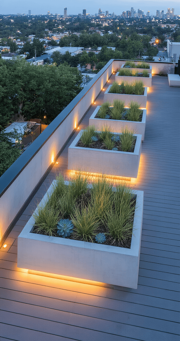 Stunning Planter Box Ideas: Transform Your Space with Creative Gardening Solutions Aerial view of a contemporary rooftop garden featuring large minimalist concrete planters arranged in geometric patterns, showcasing drought-resistant grasses and succulents. Captured during blue hour, city lights twinkle in the background, while uplighting accentuates the plant silhouettes against dark composite decking.