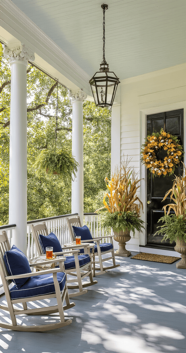 Fall Porch Decor Ideas: Cozy Up Your Entryway for Autumn A Southern-style home's expansive wraparound porch features classic white balusters, lined with navy-cushioned rocking chairs and accompanied by small tables with sweet tea. The scene is enhanced by dappled sunlight, oversized urns with cornstalks and sunflowers, hanging ferns, and a grand fall wreath on the glossy black door. The image is captured from a wide angle with a slight upward tilt, showcasing the architectural details and airy charm.