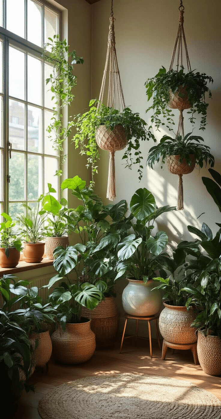 Stunning Planter Box Ideas: Transform Your Space with Creative Gardening Solutions Bohemian indoor jungle corner with mixed material planters, including macramé hangers and brass stands, showcasing philodendrons and monstera plants. The scene features dramatic late afternoon backlighting casting shadows, highlighting cozy textures in a room with a 12-foot ceiling and large windows.
