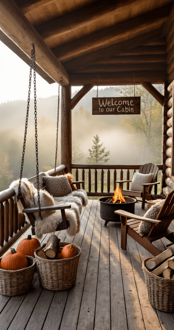 Fall Porch Decor Ideas: Cozy Up Your Entryway for Autumn A misty dawn scene of a rustic mountain cabin porch featuring rough-hewn log construction, with a swings adorned with faux fur and knit pillows, a vintage ladder holding pumpkins, a central cast iron fire pit surrounded by cedar Adirondack chairs, and a 'Welcome to our cabin' sign above antler-adorned doors, all bathed in soft, diffused light.